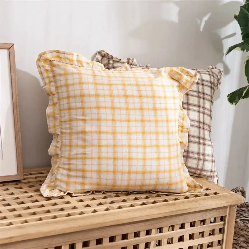 Plaid ruffled cotton coffee black cushion cover living room decor