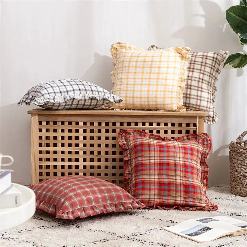 Plaid ruffled cotton coffee black cushion cover living room decor