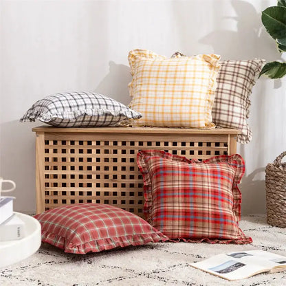 Plaid ruffled cotton coffee black cushion cover living room decor