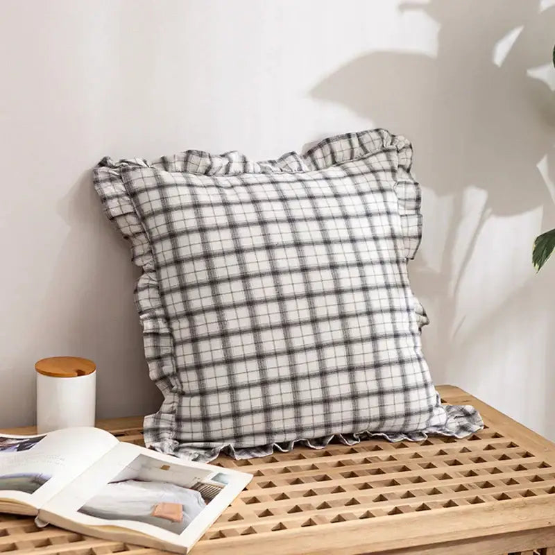 Plaid ruffled cotton coffee black cushion cover living room decor
