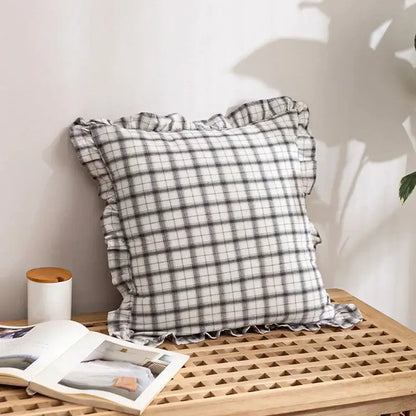 Plaid ruffled cotton coffee black cushion cover living room decor