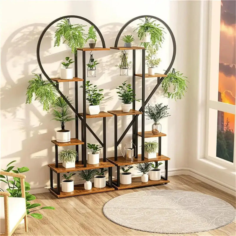 Heart shaped black & wood metal plant flower rack living room