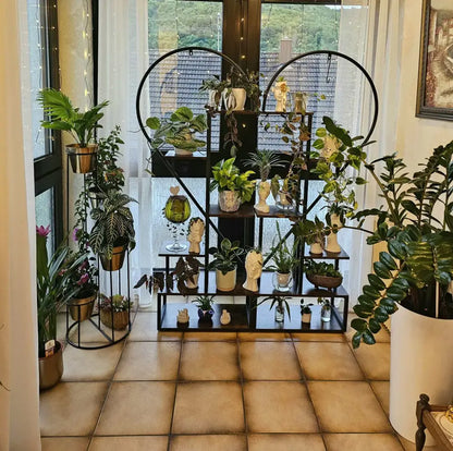 Heart shaped black & wood metal plant flower rack living room