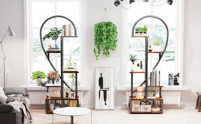 Heart shaped black & wood metal plant flower rack living room