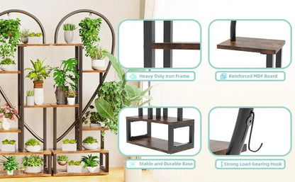 Heart shaped black & wood metal plant flower rack living room