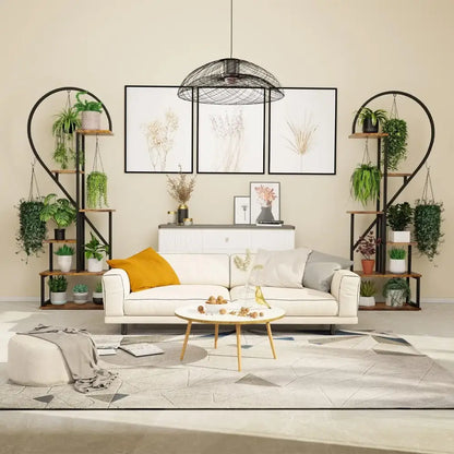 Heart shaped black & wood metal plant flower rack living room