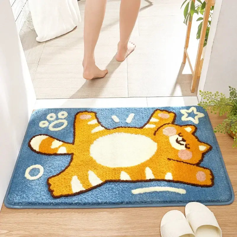 Playful gray lion and rainbow cartoon animal bathroom bath rug