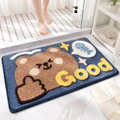 Playful gray lion and rainbow cartoon animal bathroom bath rug