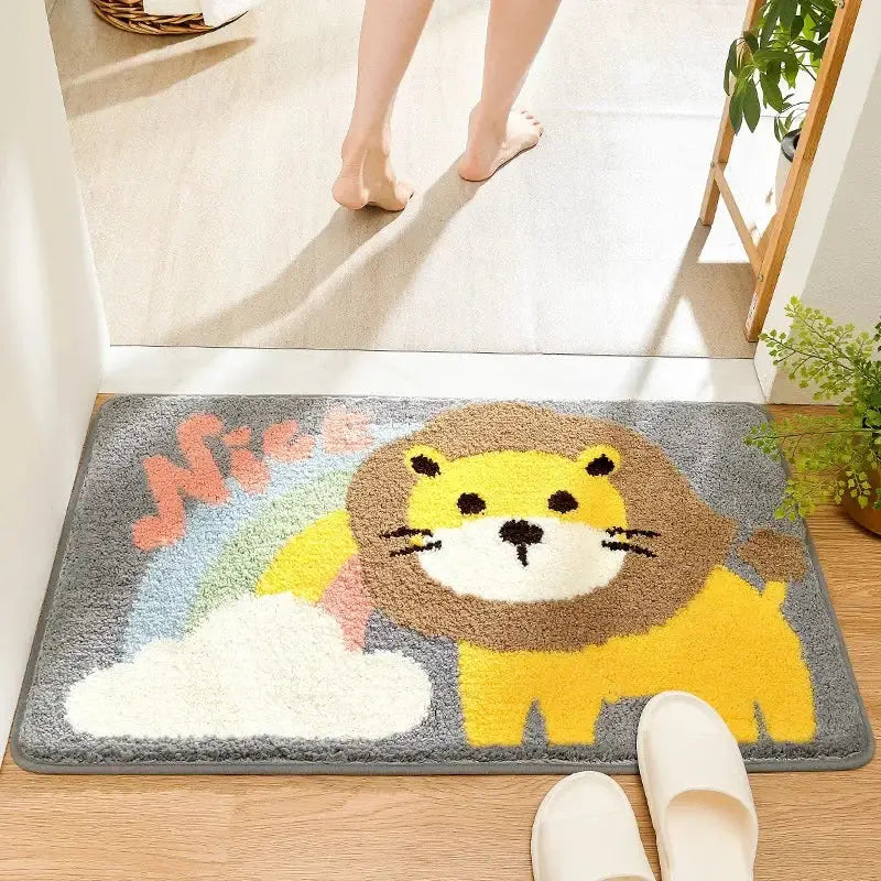 Playful gray lion and rainbow cartoon animal bathroom bath rug