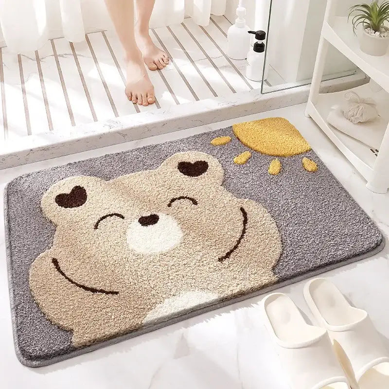 Playful gray lion and rainbow cartoon animal bathroom bath rug