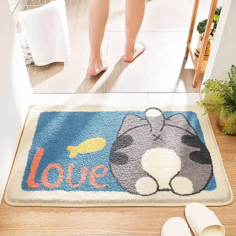 Playful gray lion and rainbow cartoon animal bathroom bath rug