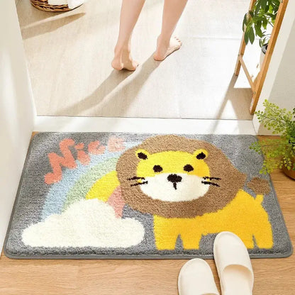 Playful gray lion and rainbow cartoon animal bathroom bath rug