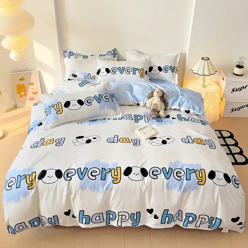 Playful white & light blue dog print bedding set bedroom decor