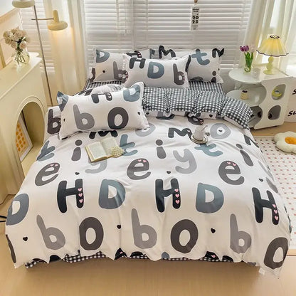 Playful white & light blue dog print bedding set bedroom decor