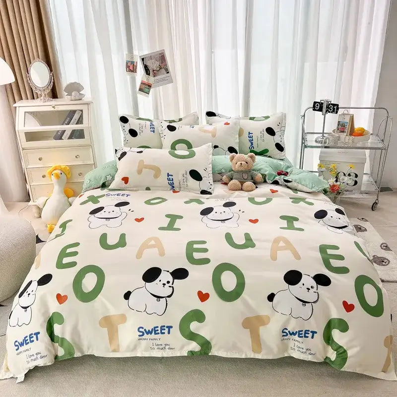 Playful white & light blue dog print bedding set bedroom decor
