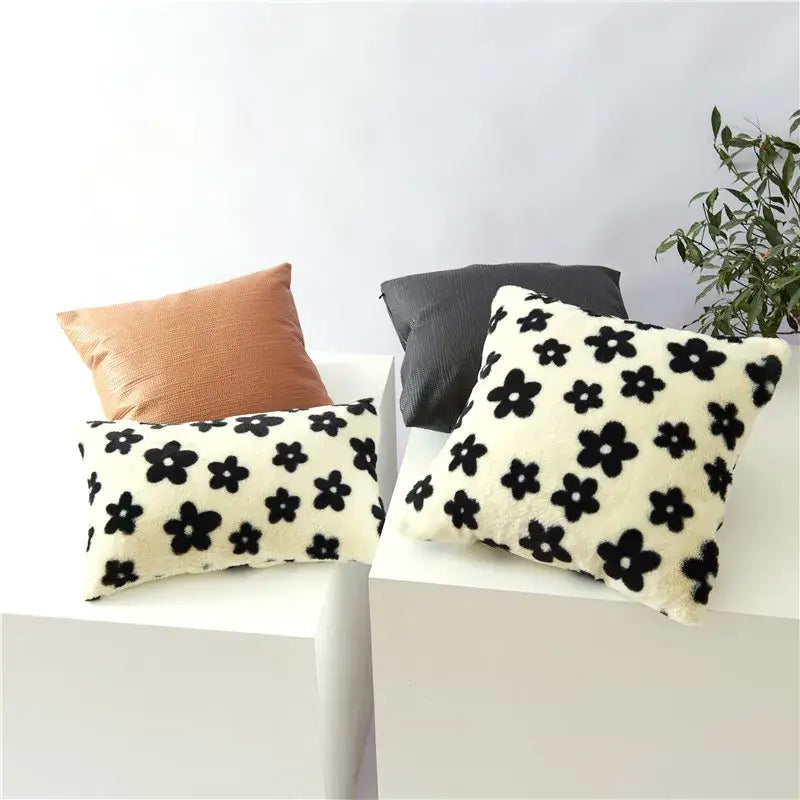 Plush black white flower cushion cover living room decor