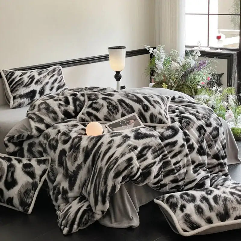 Plush black & white leopard cozy rabbit hair bed set bedroom