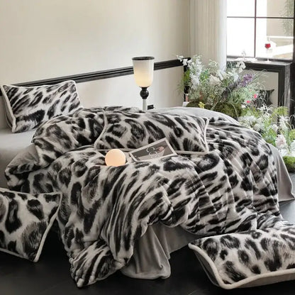 Plush black & white leopard cozy rabbit hair bed set bedroom