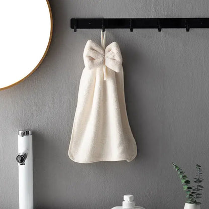 Plush coral velvet soft hand towels with bows for kitchen and bathroom