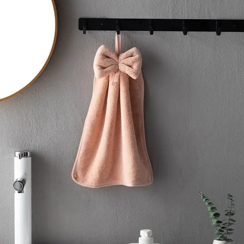 Plush coral velvet soft hand towels with bows for kitchen and bathroom