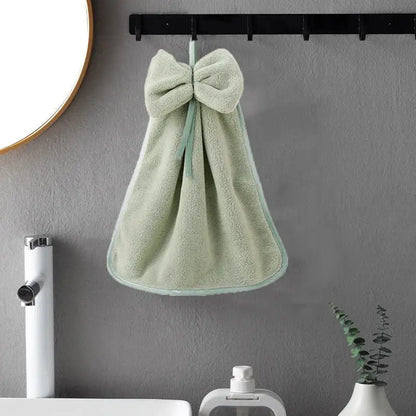 Plush coral velvet soft hand towels with bows for kitchen and bathroom