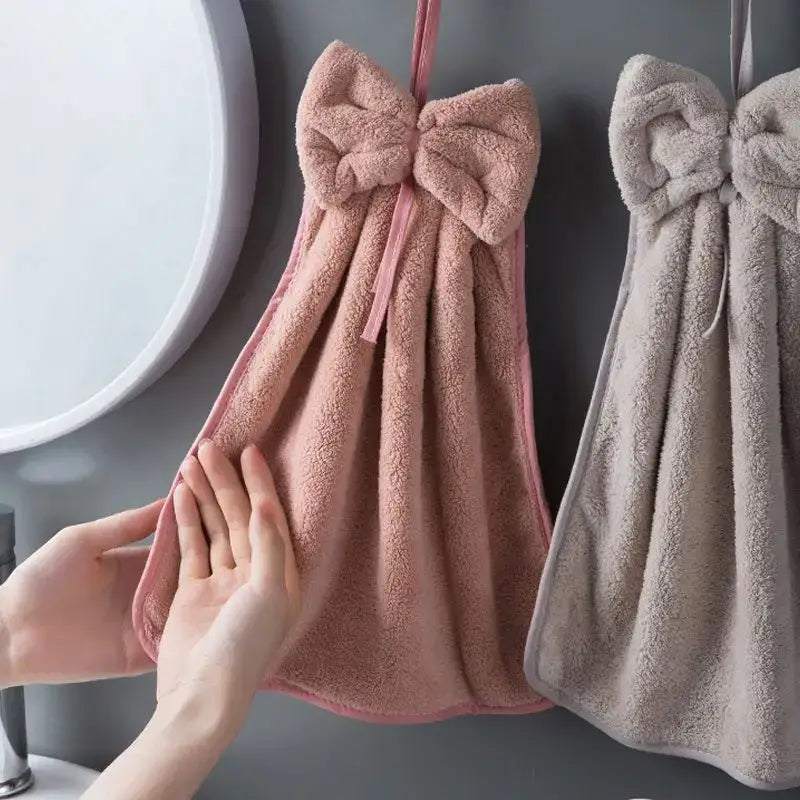 Plush coral velvet soft hand towels with bows for kitchen and bathroom