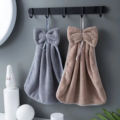Plush coral velvet soft hand towels with bows for kitchen and bathroom