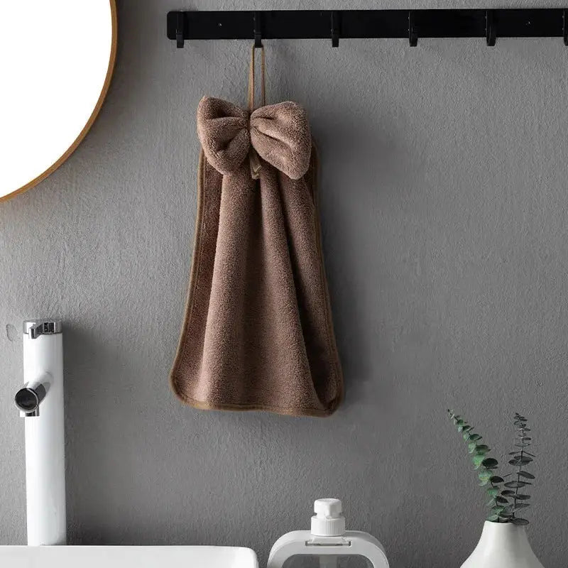 Plush coral velvet soft hand towels with bows for kitchen and bathroom