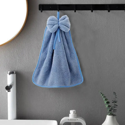 Plush coral velvet soft hand towels with bows for kitchen and bathroom