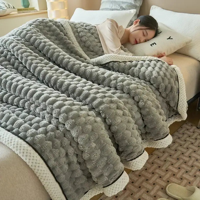 Plush cream & black textured flannel fleece blanket bedroom throw