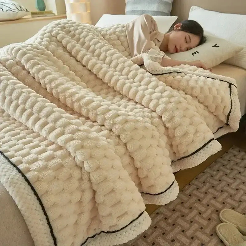 Plush cream & black textured flannel fleece blanket bedroom throw