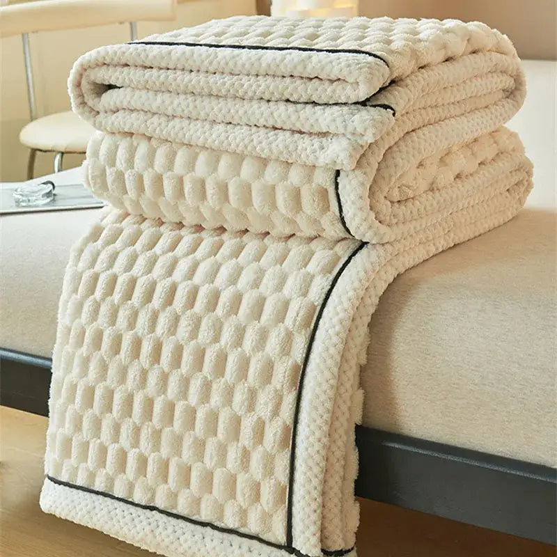 Plush cream & black textured flannel fleece blanket bedroom throw