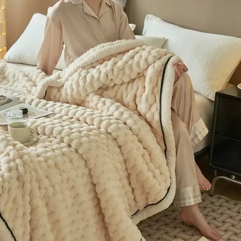 Plush cream & black textured flannel fleece blanket bedroom throw