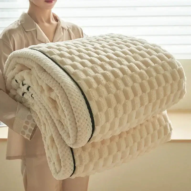 Plush cream & black textured flannel fleece blanket bedroom throw