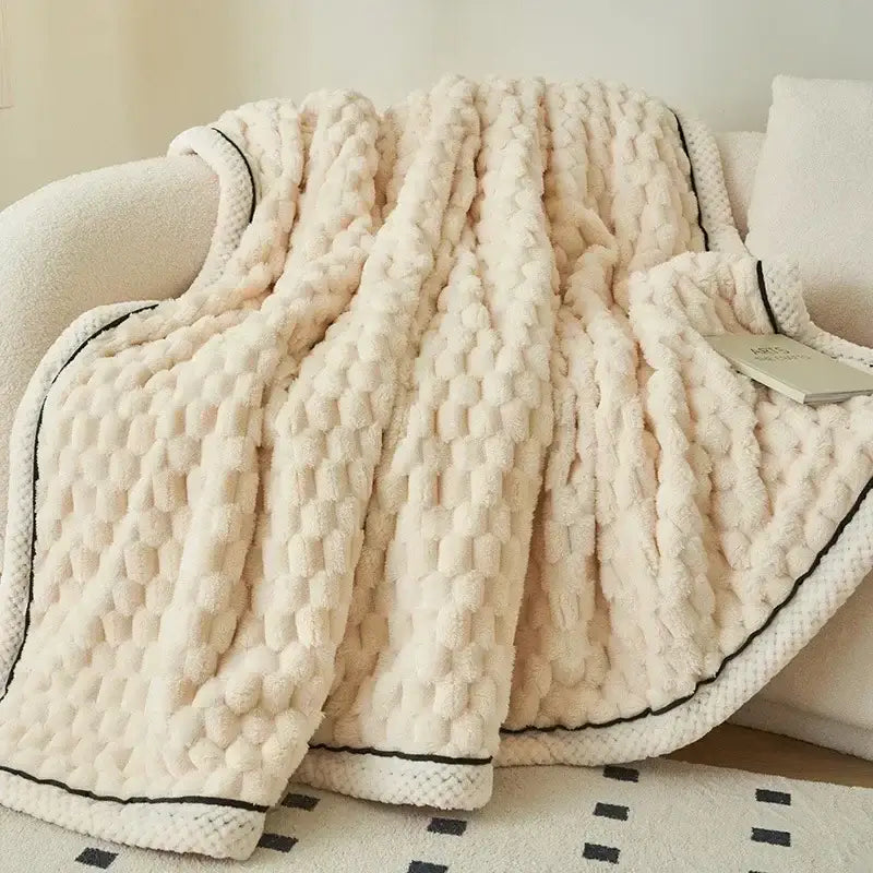 Plush cream & black textured flannel fleece blanket bedroom throw