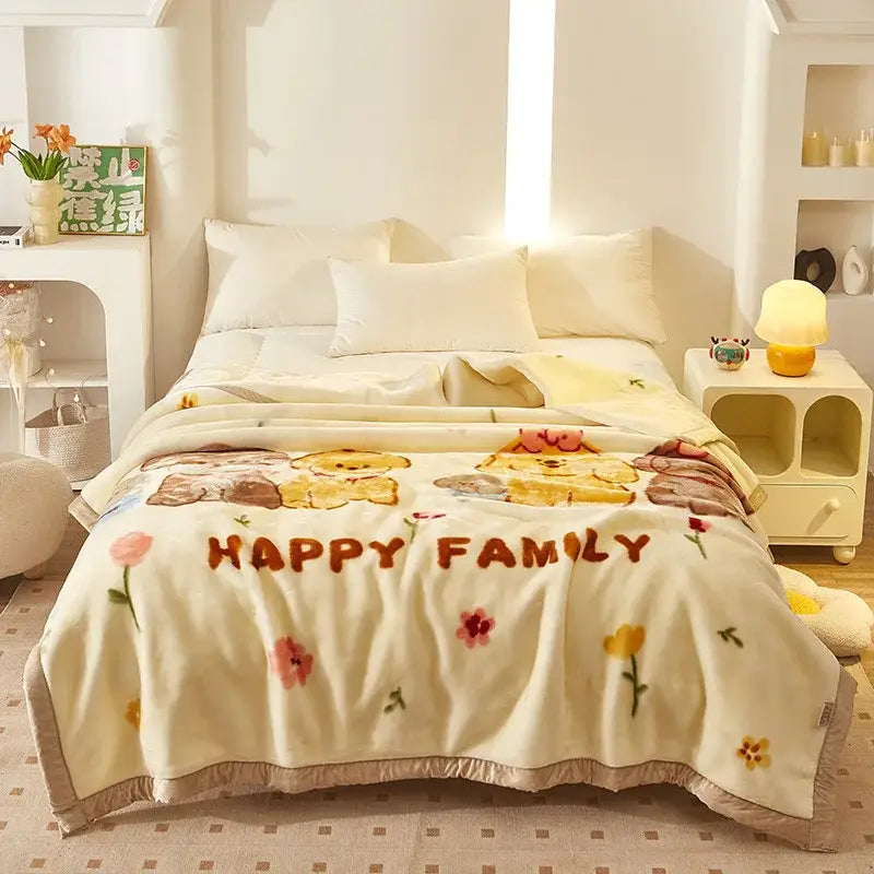 Plush cream & brown geometric double layer raschel blanket bedroom throw