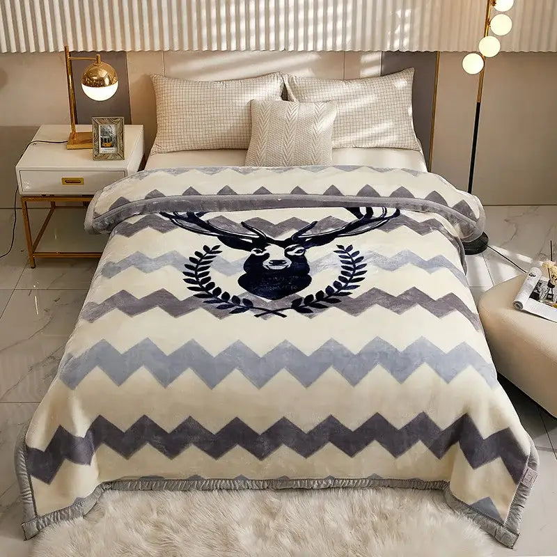 Plush cream & brown geometric double layer raschel blanket bedroom throw
