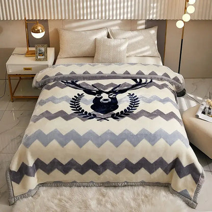 Plush cream & brown geometric double layer raschel blanket bedroom throw