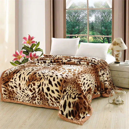 Plush cream & brown geometric double layer raschel blanket bedroom throw