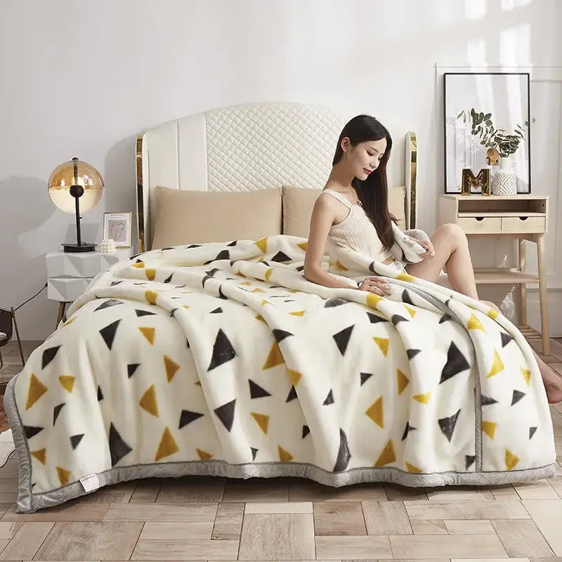 Plush cream & brown geometric double layer raschel blanket bedroom throw