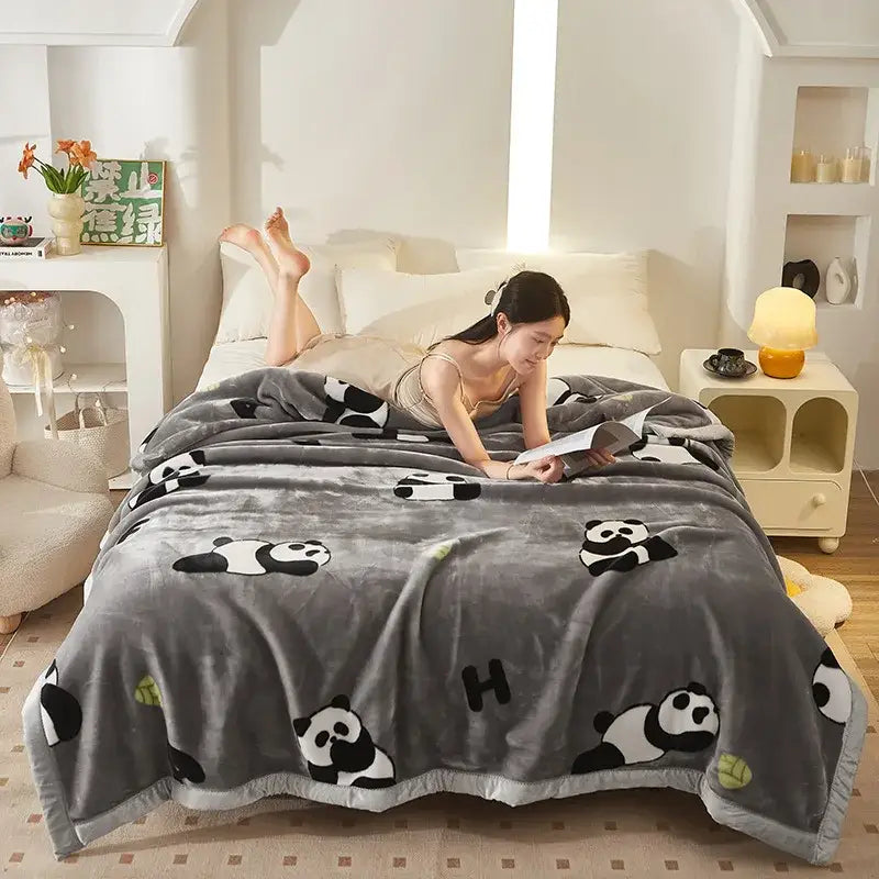 Plush cream & brown geometric double layer raschel blanket bedroom throw
