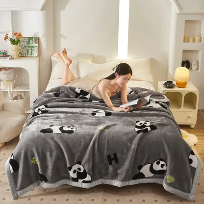 Plush cream & brown geometric double layer raschel blanket bedroom throw