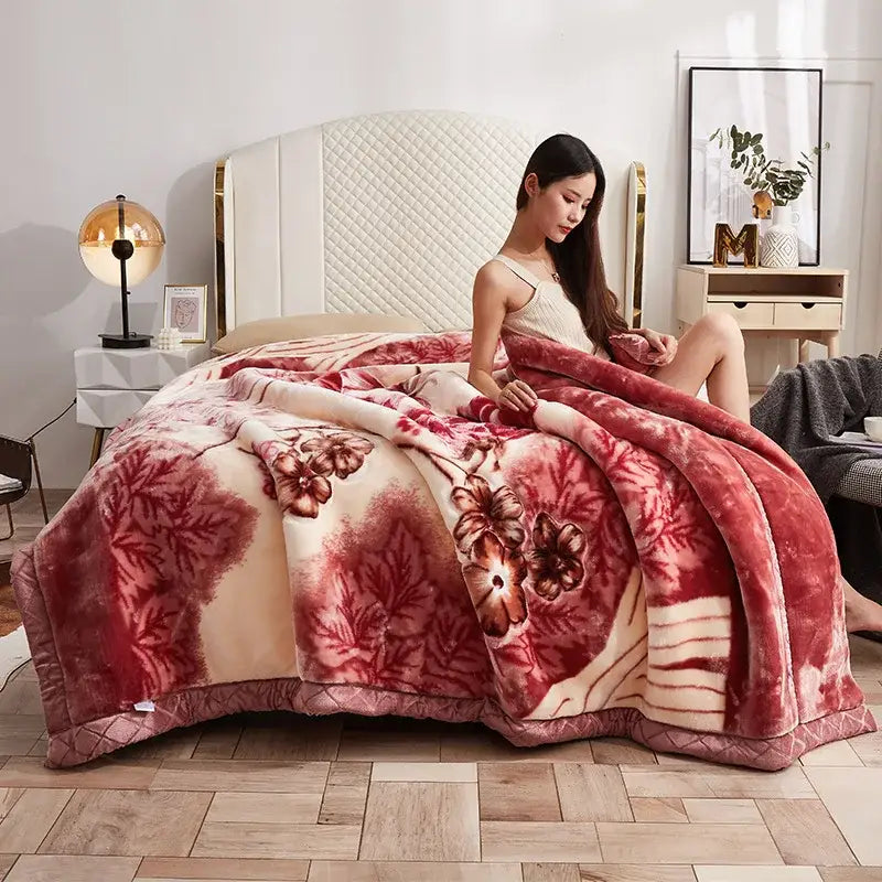 Plush cream & brown geometric double layer raschel blanket bedroom throw