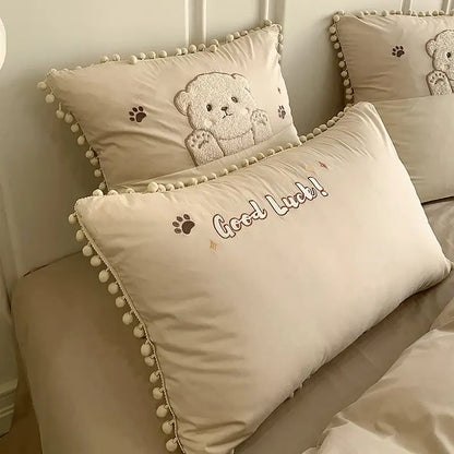 Plush cream cartoon bear applique cotton bedding set bedroom quilt cover