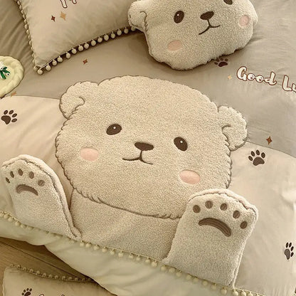 Plush cream cartoon bear applique cotton bedding set bedroom quilt cover