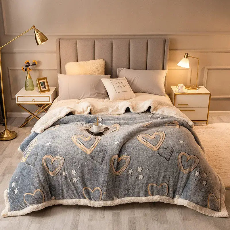 Plush cream floral fleece wool blanket for bedroom