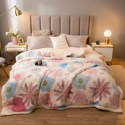 Plush cream floral fleece wool blanket for bedroom