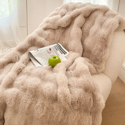 Plush cream & gradient pink double layer faux fur bedroom blanket