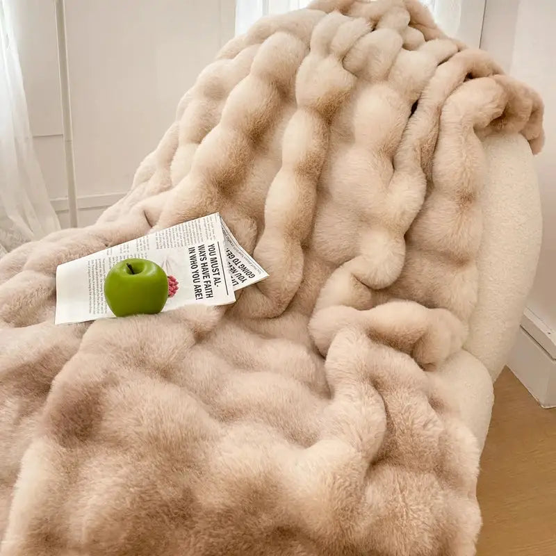 Plush cream & gradient pink double layer faux fur bedroom blanket