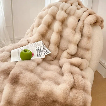 Plush cream & gradient pink double layer faux fur bedroom blanket
